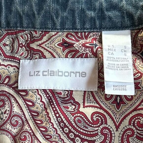 Liz Claiborne Jean Jacket Women's Small Blue Embroidered Paisley Trim Button-up - Picture 12 of 14